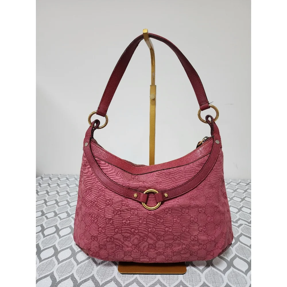 Gucci GG Canvas And Leather Horsebit Hobo Bag Pink